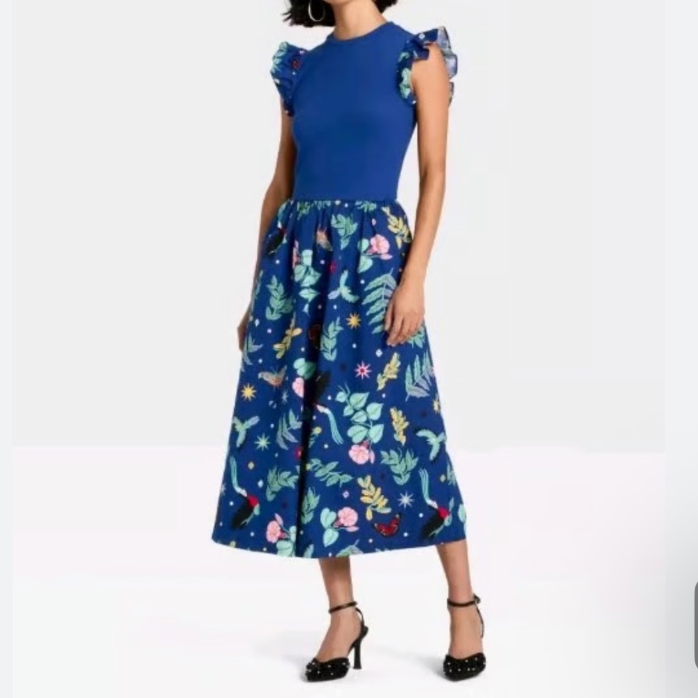 LATINO HERITAGE MONTH BLUE FLORAL DRESS xl Birds Of Paradise Rainbow.  L